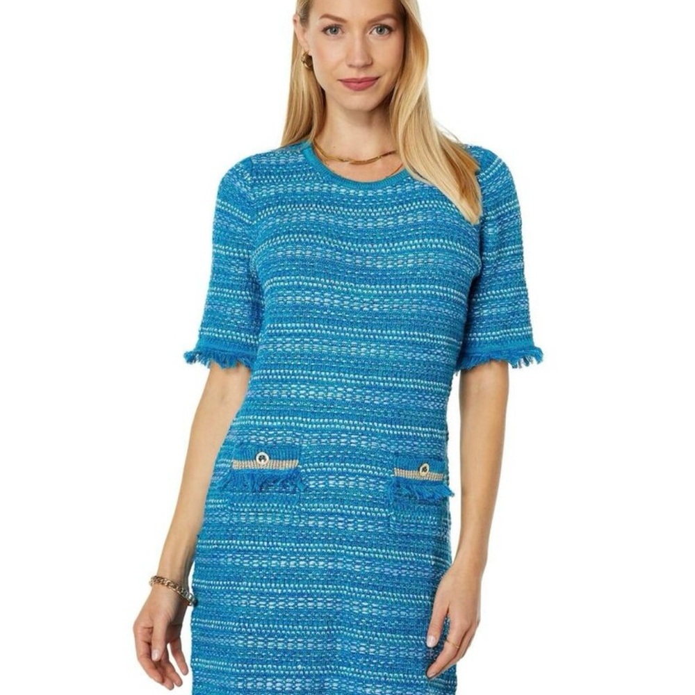 Lilly Pulitzer Beckington Sweater Dress Blue Grotto Metallic Tweed
